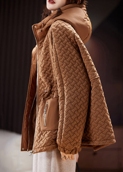 Brown Hooded Zip Up Cotton Filled Parka Long Sleeve