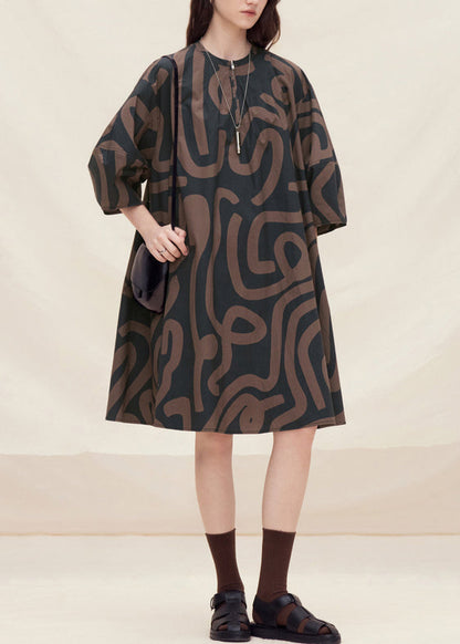 Brown O Neck Print Cotton Mid Dress Lantern Sleeve