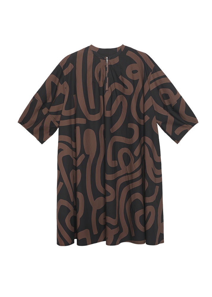 Brown O Neck Print Cotton Mid Dress Lantern Sleeve