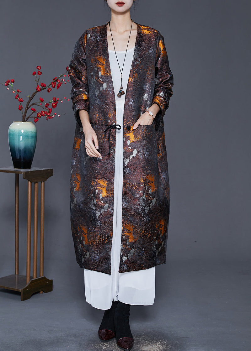 Brown Oversized Print Cotton Filled Silk Coat Outwear Spring