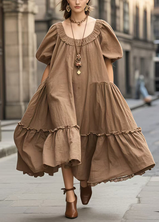 Brown Oversized Ruffled Vacation Dresses Lantern Sleeve