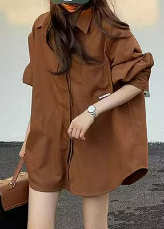Plus Size Brown Peter Pan Collar Button Shirt Fall