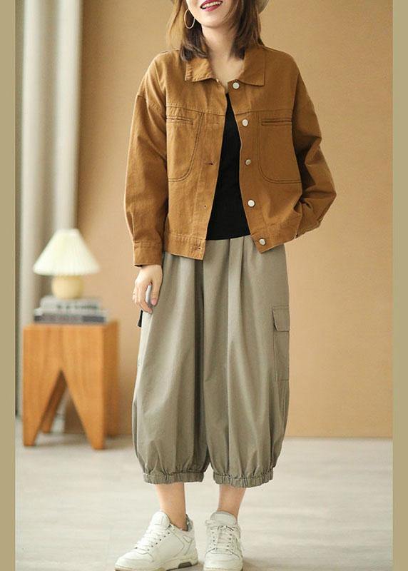 Brown Peter Pan Collar Pockets Button Fall Coats Long Sleeve