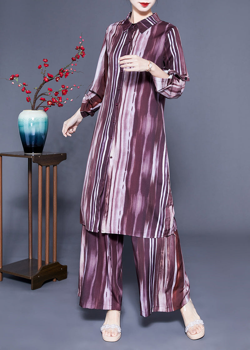 Brown Peter Pan Collar Tie Dye Silk Long Shirt and Straight Pants Two Pieces Set Spring