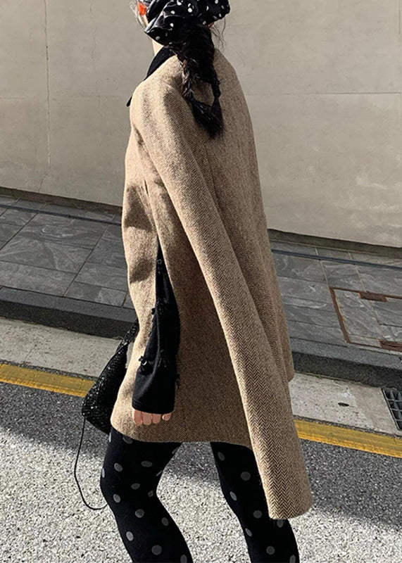 Brown Peter Pan Collar Zippered Woolen Coats Spring