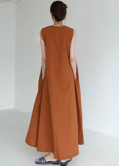 Brown Red Pockets Loose Cotton Dress Sleeveless