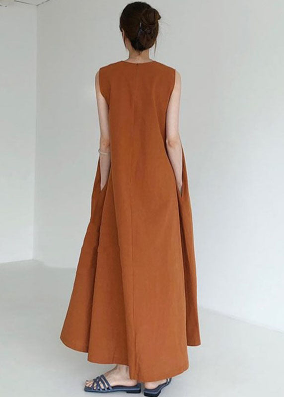 Brown Red Pockets Loose Cotton Dress Sleeveless