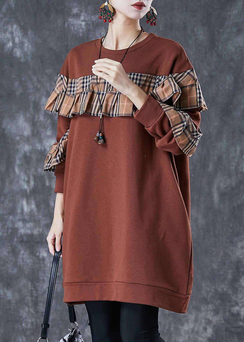 Brown Ruffled Patchwork Cotton Sweatshirts Dress Fall