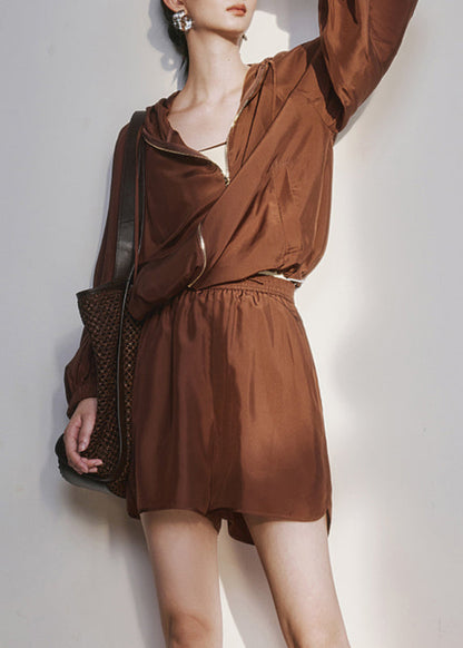 Brown Zippered Cinched Hooded Upf 50+ Coat and Shorts Two Pieces Set Summer