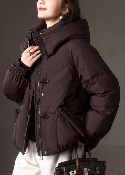 Brown Zippered Pockets Patchwork Hooded Down Coat Winter