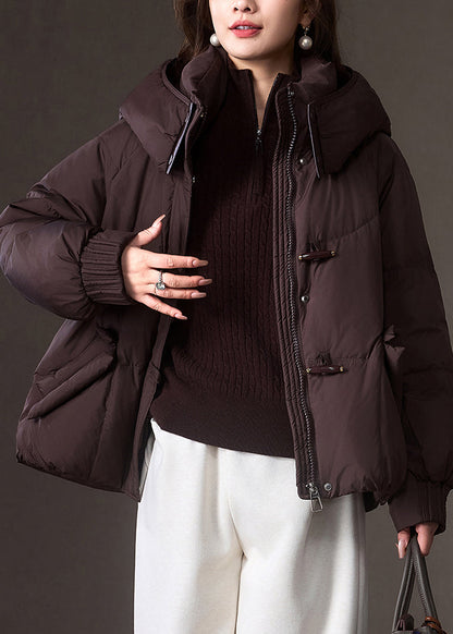 Brown Zippered Pockets Patchwork Hooded Down Coat Winter