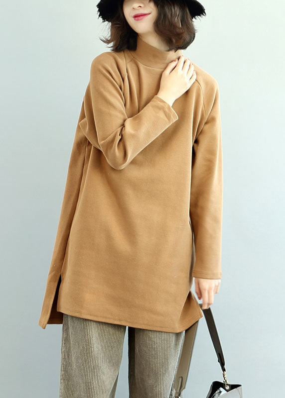 Camel High Neck Side Open Warm Cotton Tops Winter