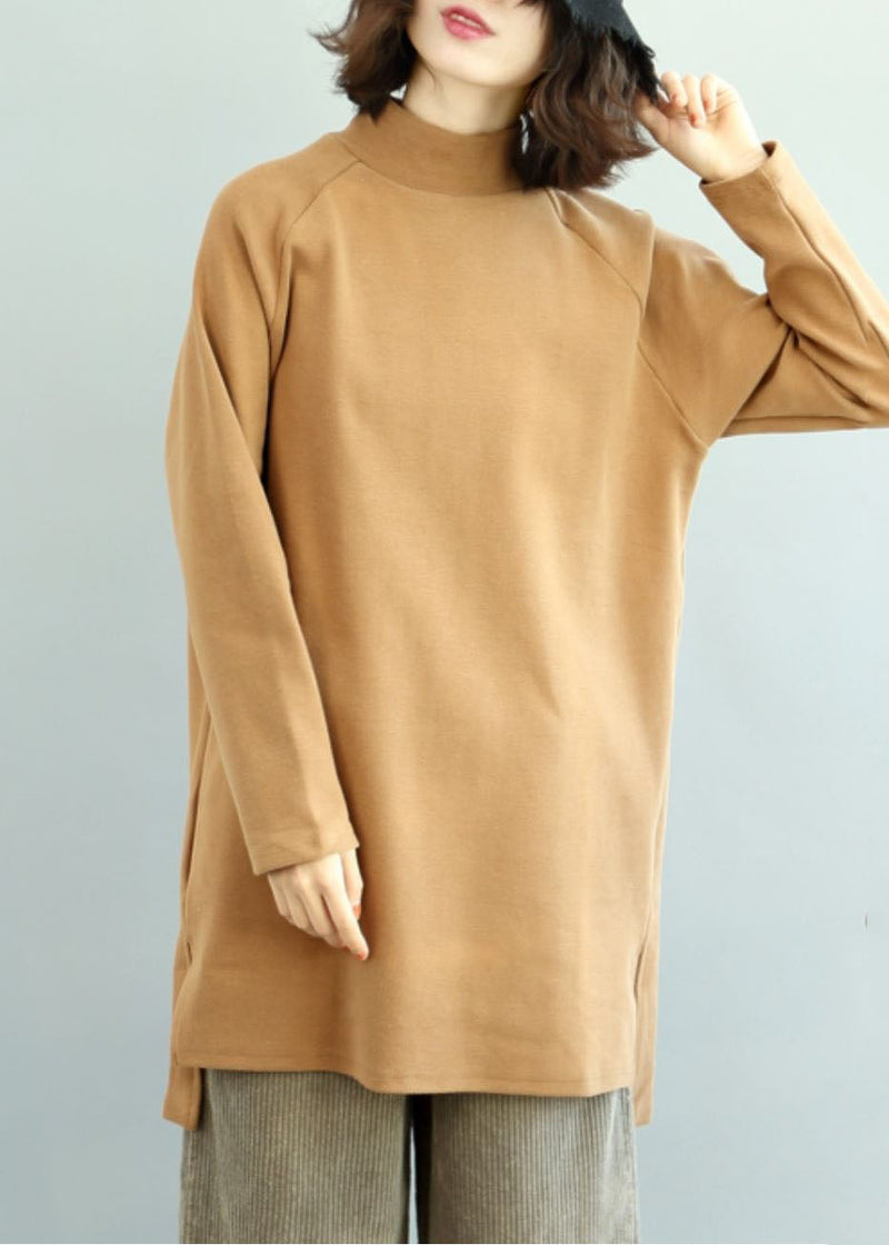 Camel High Neck Side Open Warm Cotton Tops Winter