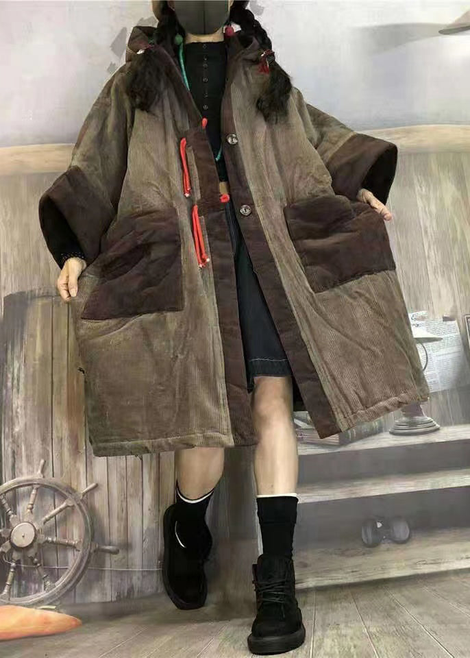 Camel Hooded Pockets Patchwork Corduroy Warm Fleece Coat Winter