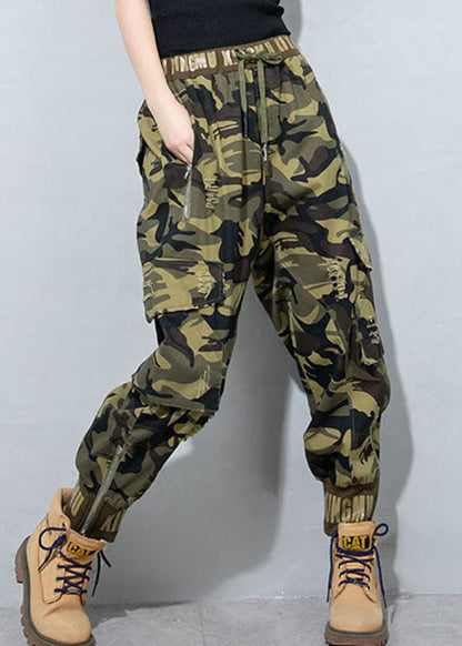 Camouflage Hole Drawstring Pockets Pants Spring