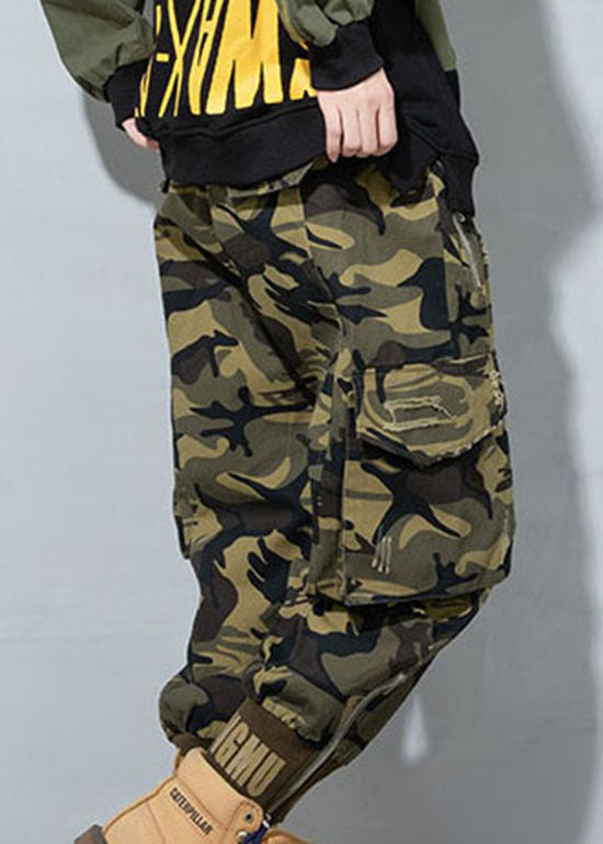 Camouflage Hole Drawstring Pockets Pants Spring