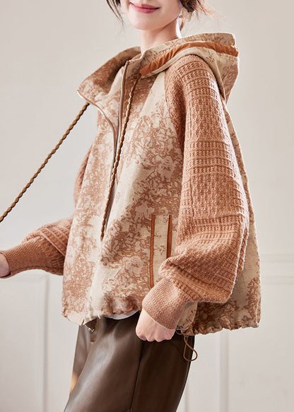 Caramel Hooded Drawstring Knit Patchwork Coat Spring