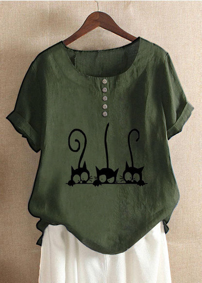 Cartoon Cat Print Crew Neck Short Sleeve Blouse