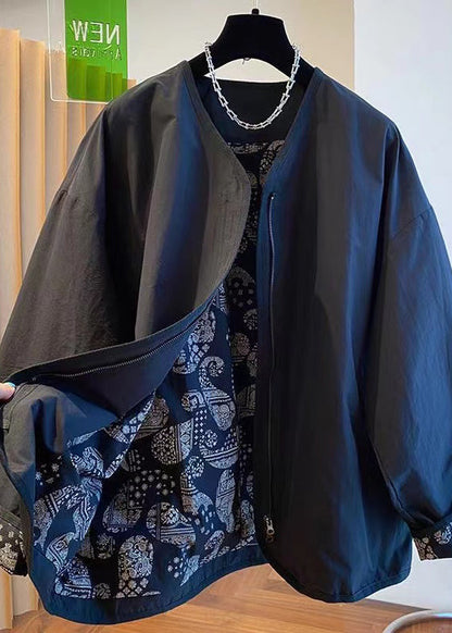 Black Zip Up Patchwork Cotton Jackets Spring