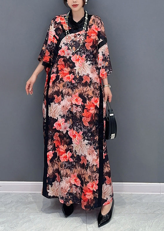 Chinese Style Red Stand Collar Print Chiffon Dresses Fall