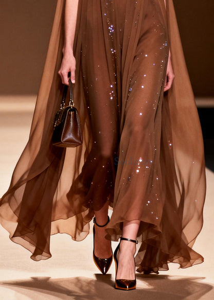 Choaolate Oversized Rhinestone Chiffon Maxi Dresses Sleeveless