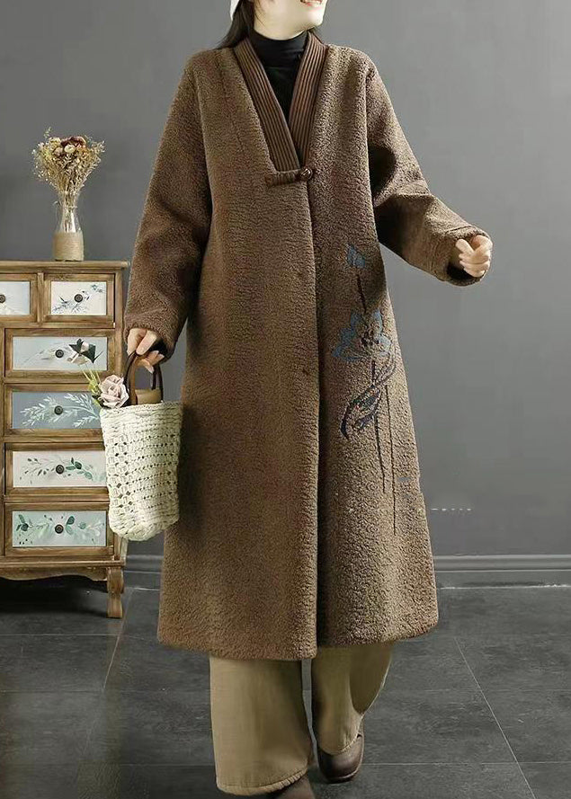 Chocolate Embroidered Chinese Button Faux Fur Coats Winter