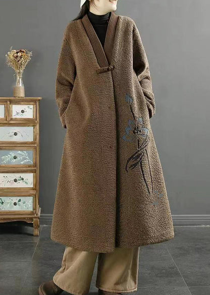 Chocolate Embroidered Chinese Button Faux Fur Coats Winter