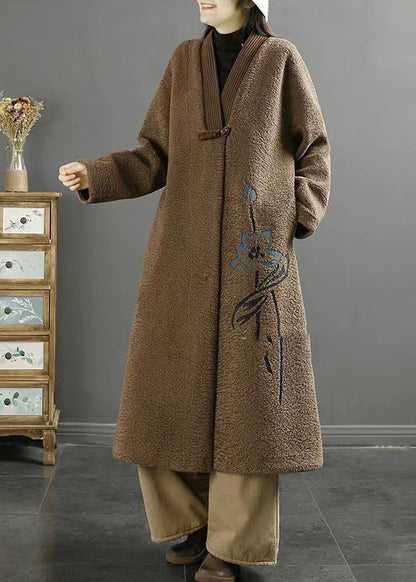 Chocolate Embroidered Chinese Button Faux Fur Coats Winter