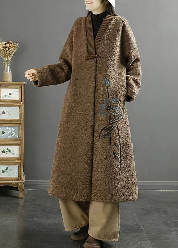Chocolate Embroidered Chinese Button Faux Fur Coats Winter