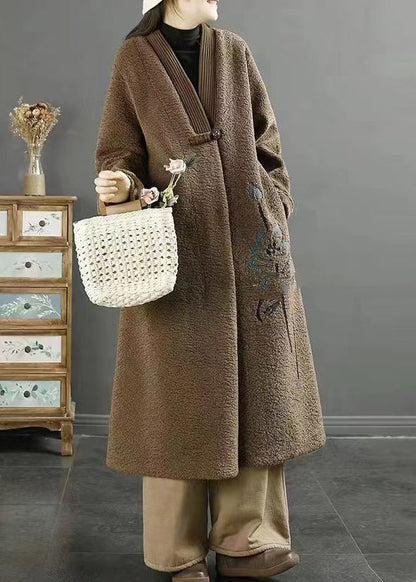 Chocolate Embroidered Chinese Button Faux Fur Coats Winter