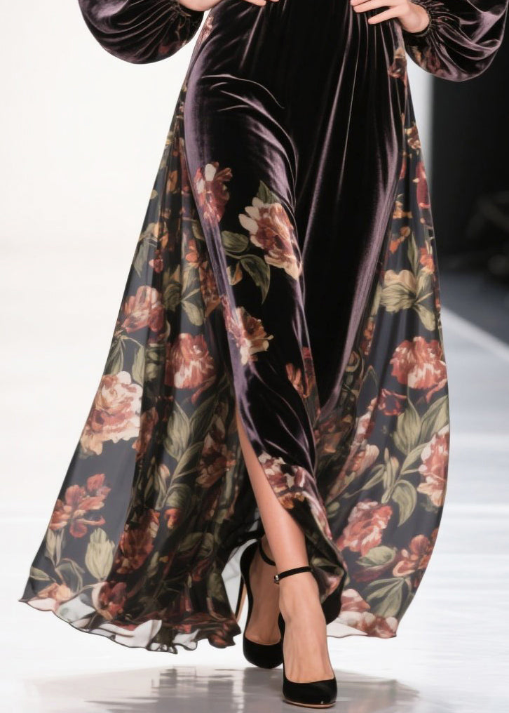 Chocolate Exra Large Hem Patchwork Print Silk Velvet Dress Spring
