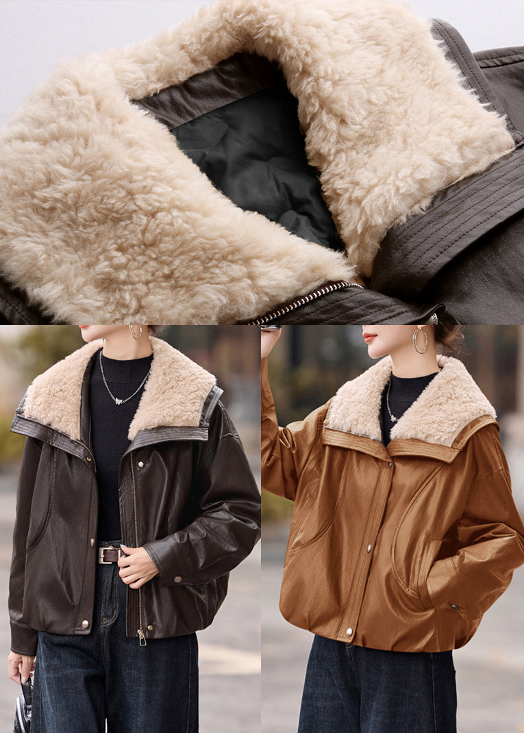 Chocolate Fur Collar Oversized Duck Down Faux Leather Coats Winter