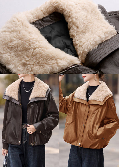 Chocolate Fur Collar Oversized Duck Down Faux Leather Coats Winter