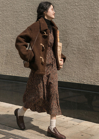 Chocolate Horn Button Thick Cashmere Teddy Coat Winter