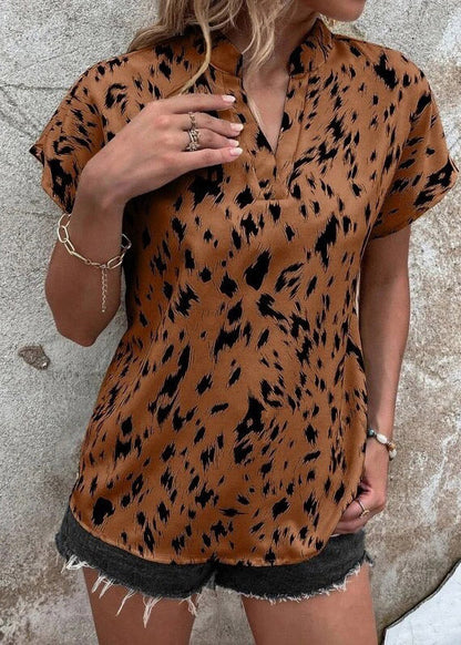 Chocolate V Neck Cozy Shirts Short Sleeve