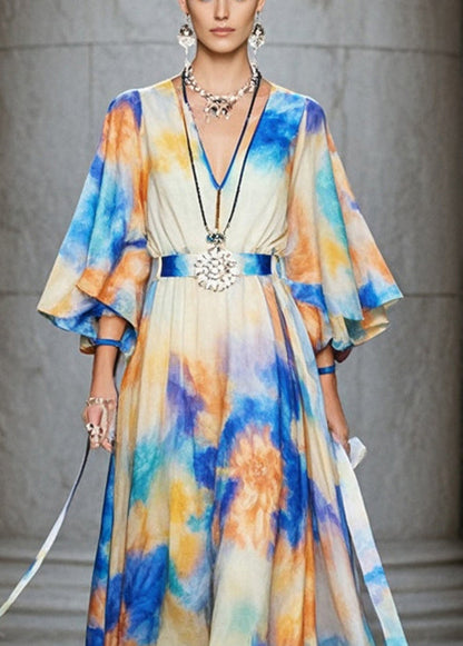 Cinched Tie Dye Chiffon Maxi Dresses Flare Sleeve