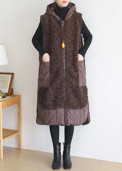 Chocolate Colour Zippered Pockets Woolen Cotton Hooded Waistcoat Sleeveless