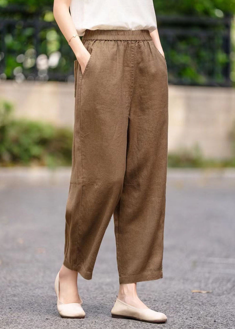 Coffee Elastic Waist Linen Harem Pants Summer