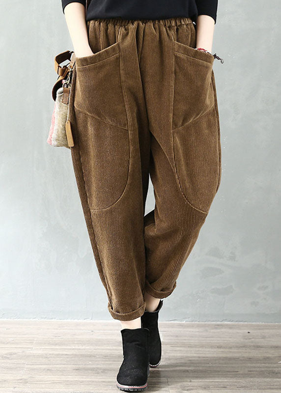 Chocolate Elastic Waist Pockets Velour Harem Pants Fall