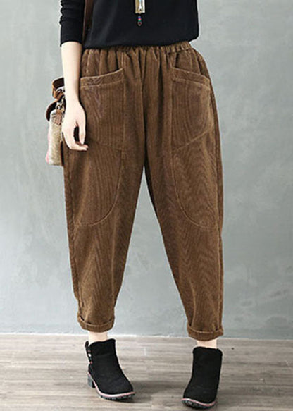 Chocolate Elastic Waist Pockets Velour Harem Pants Fall