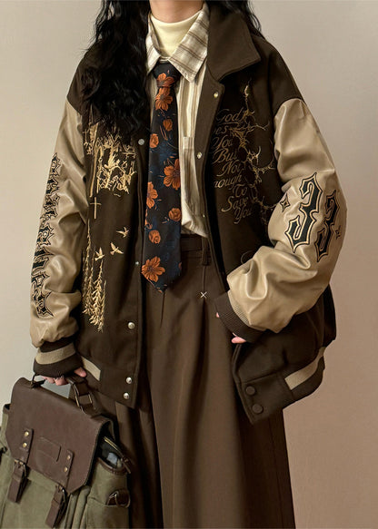 Coffee Embroidered Faux Leather Patchwork Cotton Filled Parkas Winter