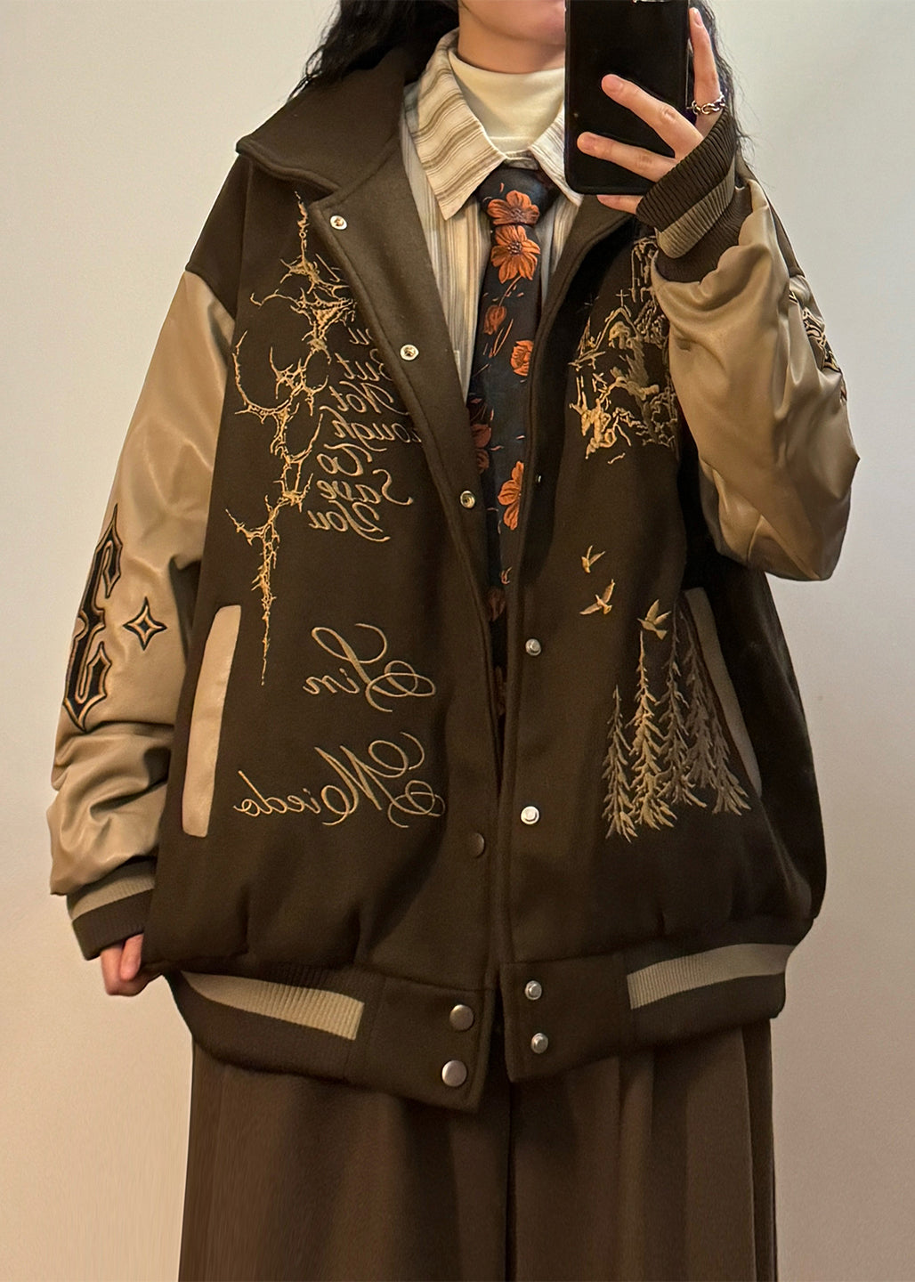 Coffee Embroidered Faux Leather Patchwork Cotton Filled Parkas Winter