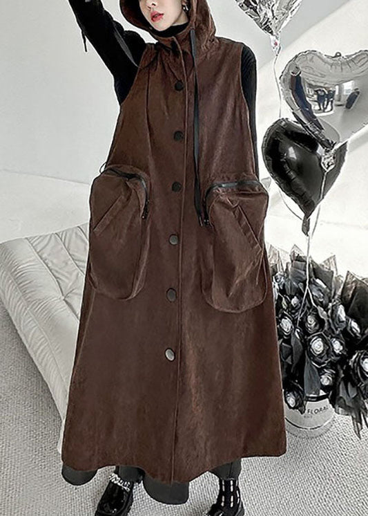 Chocolate Hooded Big Pockets Cotton Long Vest Spring