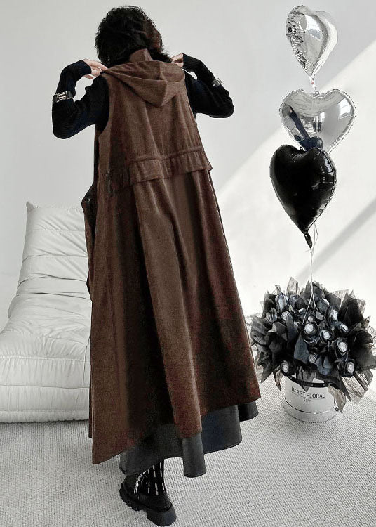 Chocolate Hooded Big Pockets Cotton Long Vest Spring