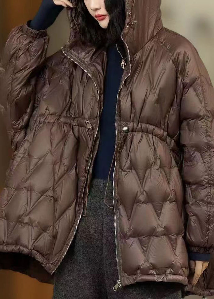 Coffee Hooded Drawstring Patchwork Duck Down Coat Winter