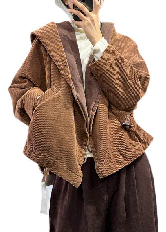 Chocolate Hooded Oversized Pockets Corduroy Coat Spring