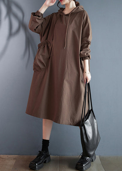 Coffee Hooded Pockets Cotton Dress Long Sleeve