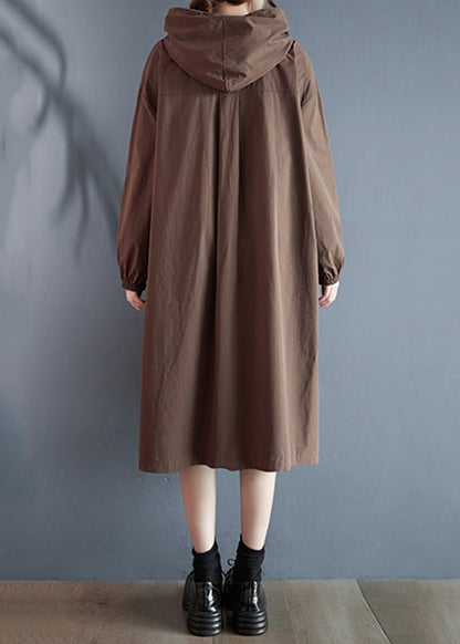 Coffee Hooded Pockets Cotton Dress Long Sleeve