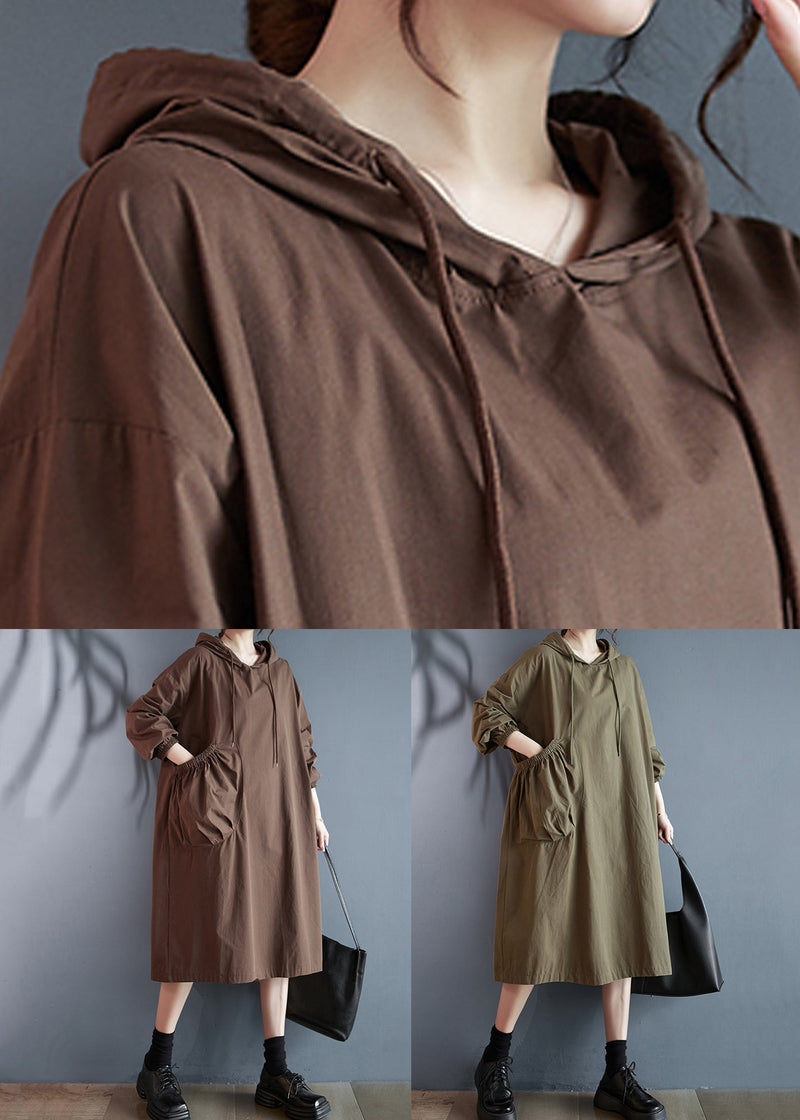 Coffee Hooded Pockets Cotton Dress Long Sleeve