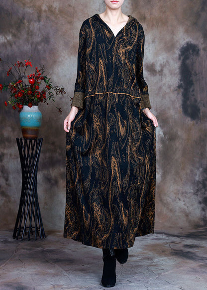 Chocolate Hooded Print Woolen Party Dress Spring